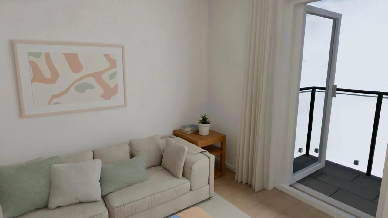 Demo scene: a picture on the wall, a sofa and the balcony door